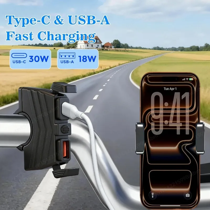 Motorcycle USB Charger PD Type C 30W & QC 3.0 18W USB Phone Charger Waterproof SAE to USB Adapter Fast Charge for ATV UTV E-Bike