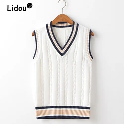 Unisex Classic Striped Preppy Style V-Neck Sleeveless Knitted Sweater Vest Women Casual Loose All Match Pullover Top JumperS-5XL