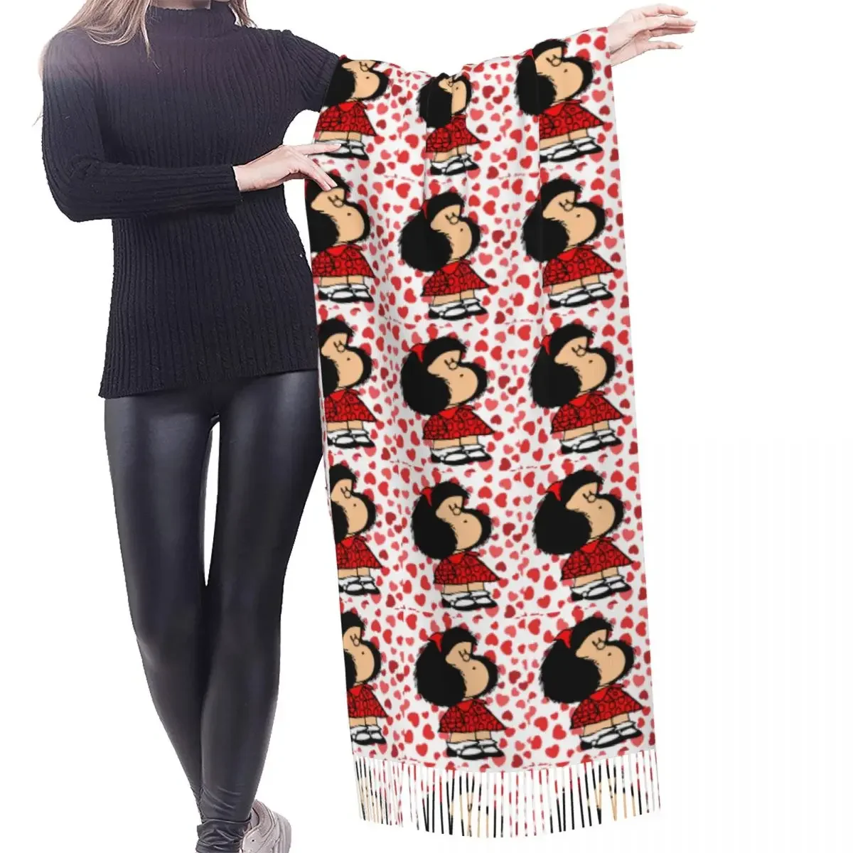 Mafalda Power With A Surprised Face Scarf Wrap Women Winter Fall Warm Tassel Shawl Unisex Quino Cartoon Versatile Female Scarves