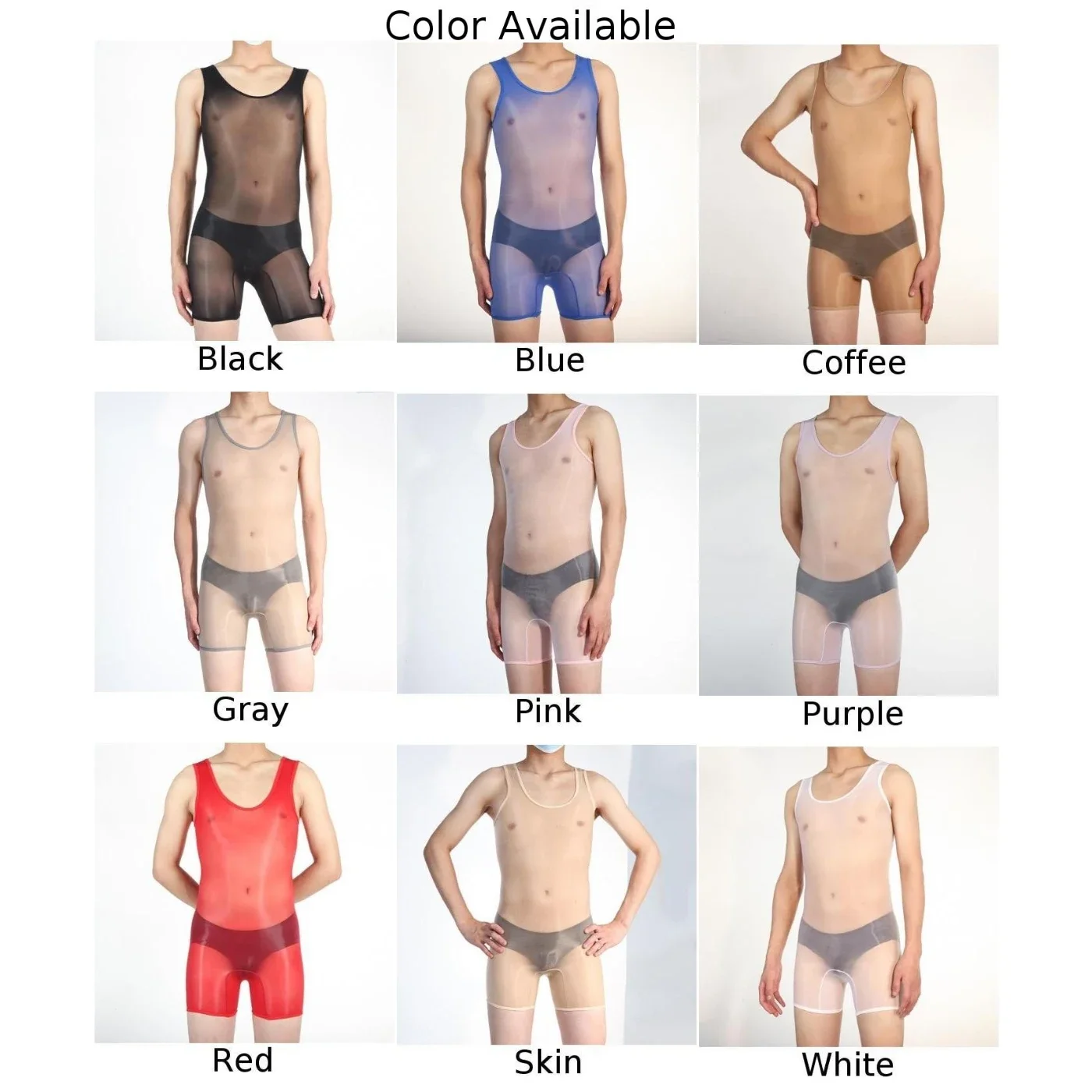 Men Sexy Lingerie Oil Shiny Bodysuit Sleeveless Erotic Underpants Sheer Jumpsuit Slim Fitting High Stretchy Male Bodysuits