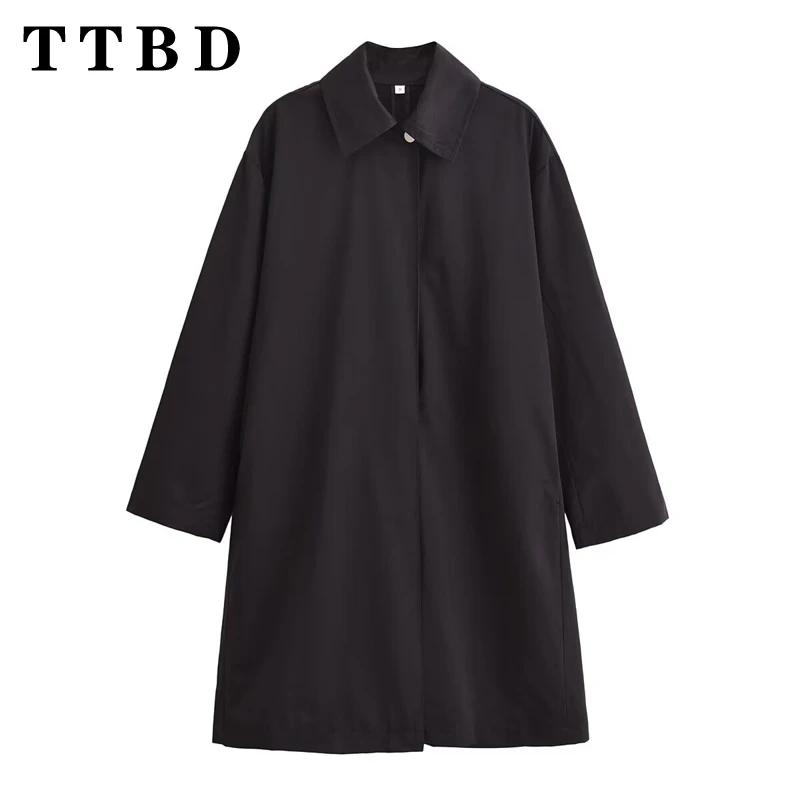 

TTBD 2024 New Autumn Ladies Fashion Loose Long Trench Coat Women Casual Turn Down Collar Windbreaker Medium Length Outerwear