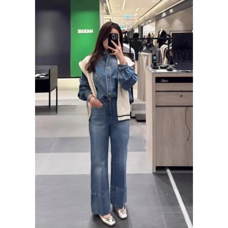 

Selfwill Modern Rebel Sle Jeans irt And Pants Set Women's Faion Spring Collection Cotton Long Sve Button up