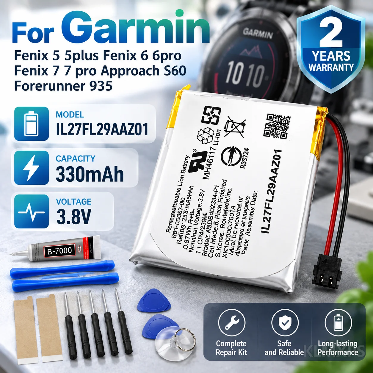 Smartwatch Replacement Battery 361-00097-00 For Garmin Fenix 5/5 Plus, 6/6 Pro, 7/7 Pro, Approach S60, Forerunner 935 With Tools