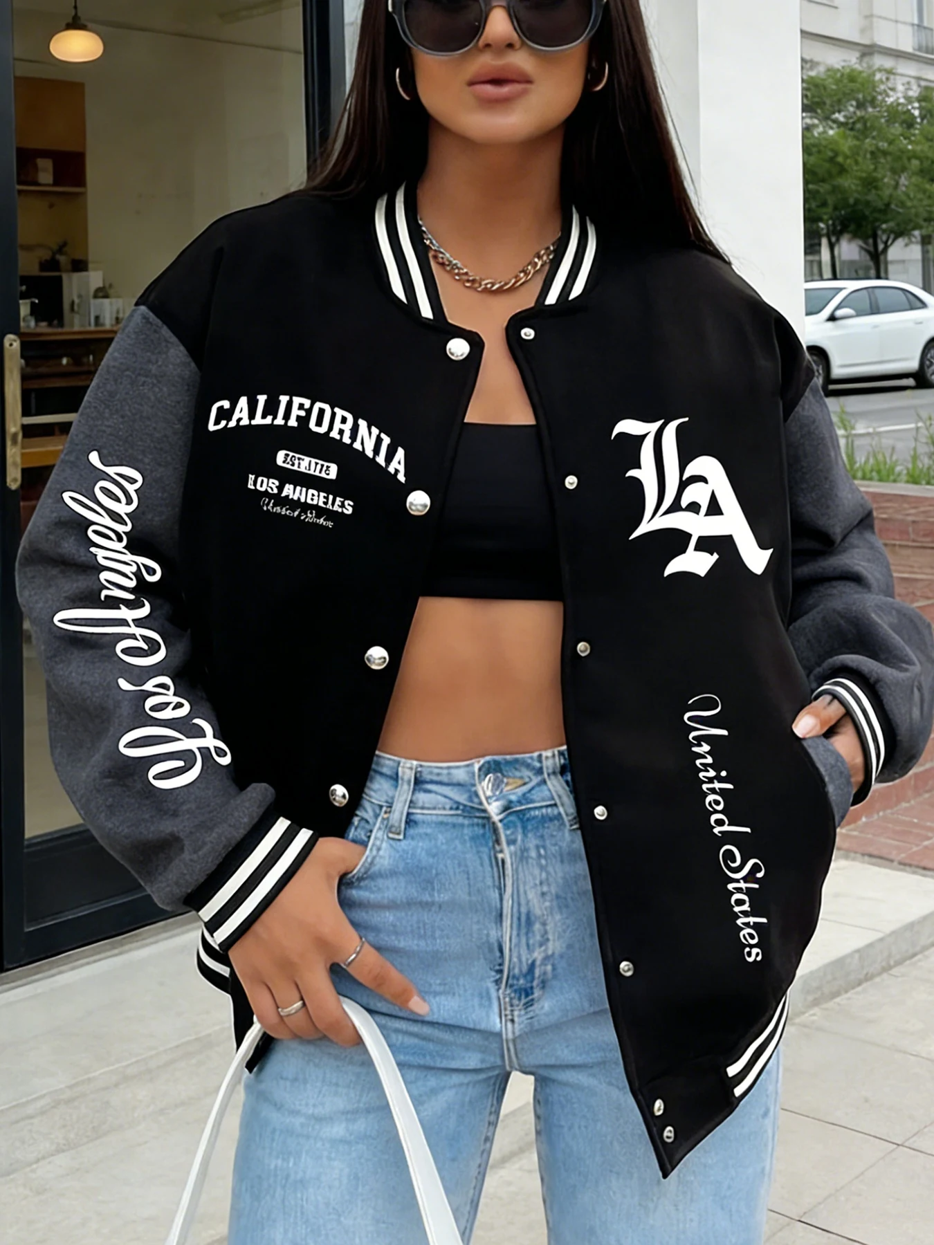 

Женская бейсбольная куртка большого размера, Калифорния, Лос-Анджелес EST 1786, повседневное университетское пальто с принтом, уличная верхняя одежда, модная куртка