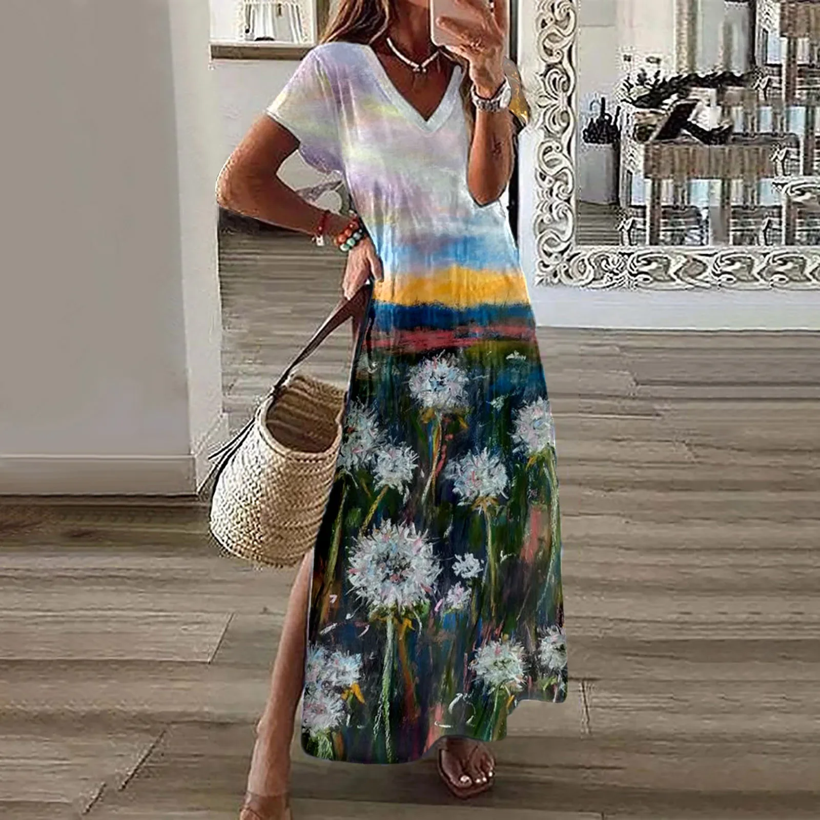 

Elegant Sunflower Butterfly Print Long Dress Summer Women O Neck Short Sleeve Party Dress Retro Female Slit Maxi Dress Vestidos