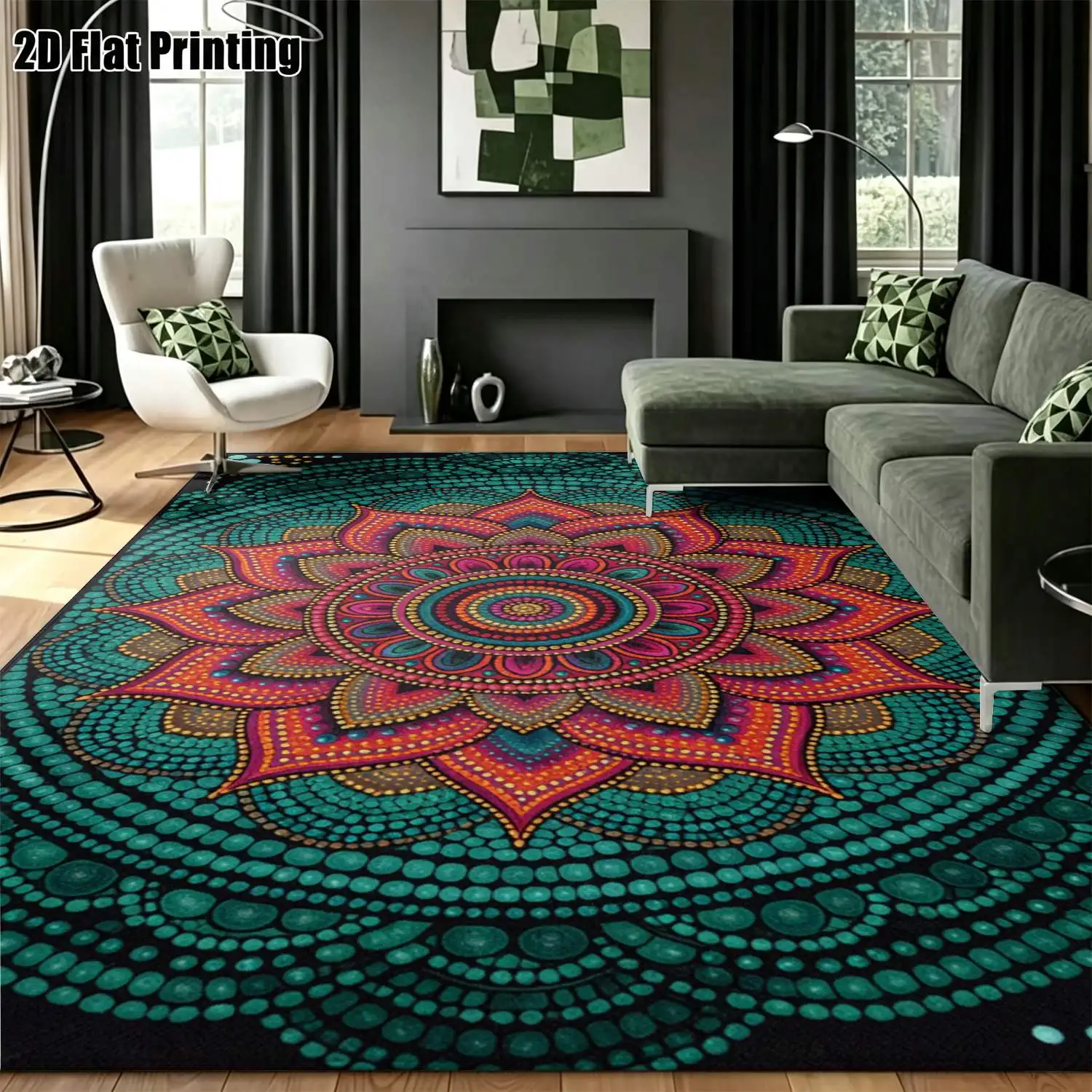 1Pc 2D Printed Carpet: Dark Green Red Bohemian Mandala Pattern, Retro European Style, Machine Washable, Multi-Size Home Decor Mat