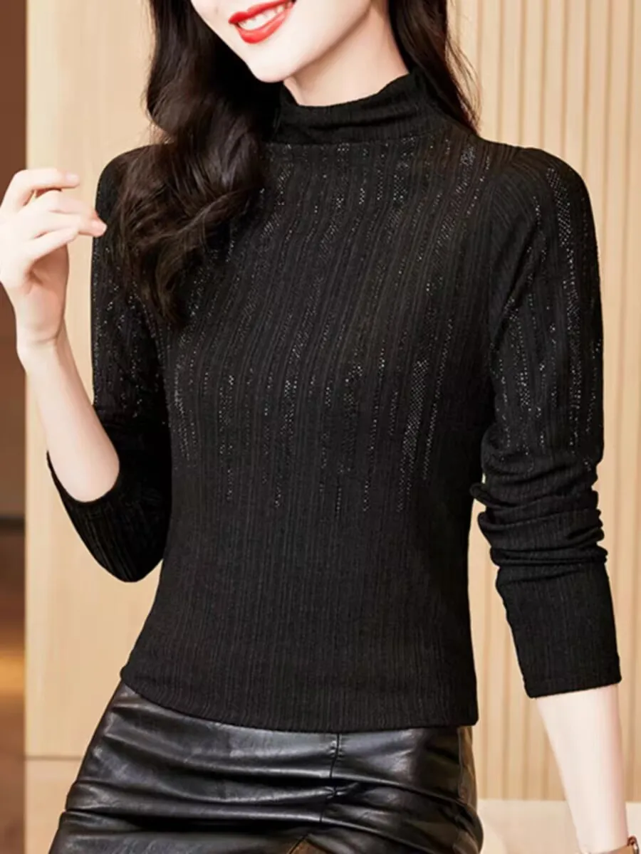 2024 New Arrival All-match Solid Simple Elegant Charming Diamond Set Women's T-Shirt Long Sleeves Turtleneck Fall Winter