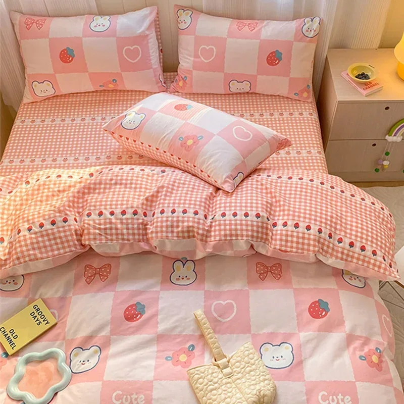 

Kawaii Strawberry Rabbit Bedding Set For Home Cotton Twin Full Queen Size Cute Double Fitted Bed Sheet Girl Quilt Duvet Cover