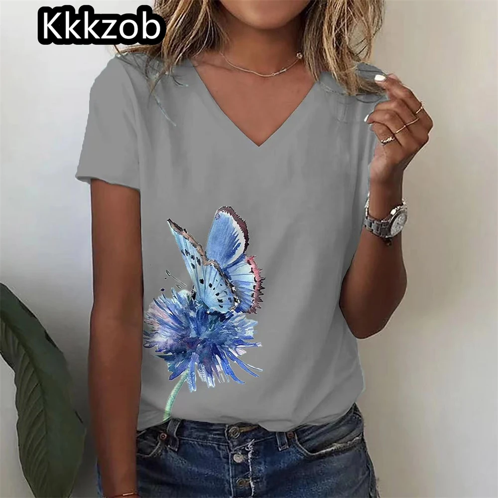 Simple Graphic Print Oversized Women's Trending Clothing New Women T-Shirt Fashion Short Sleeve Shirt Women V-Neck Blouse 2025