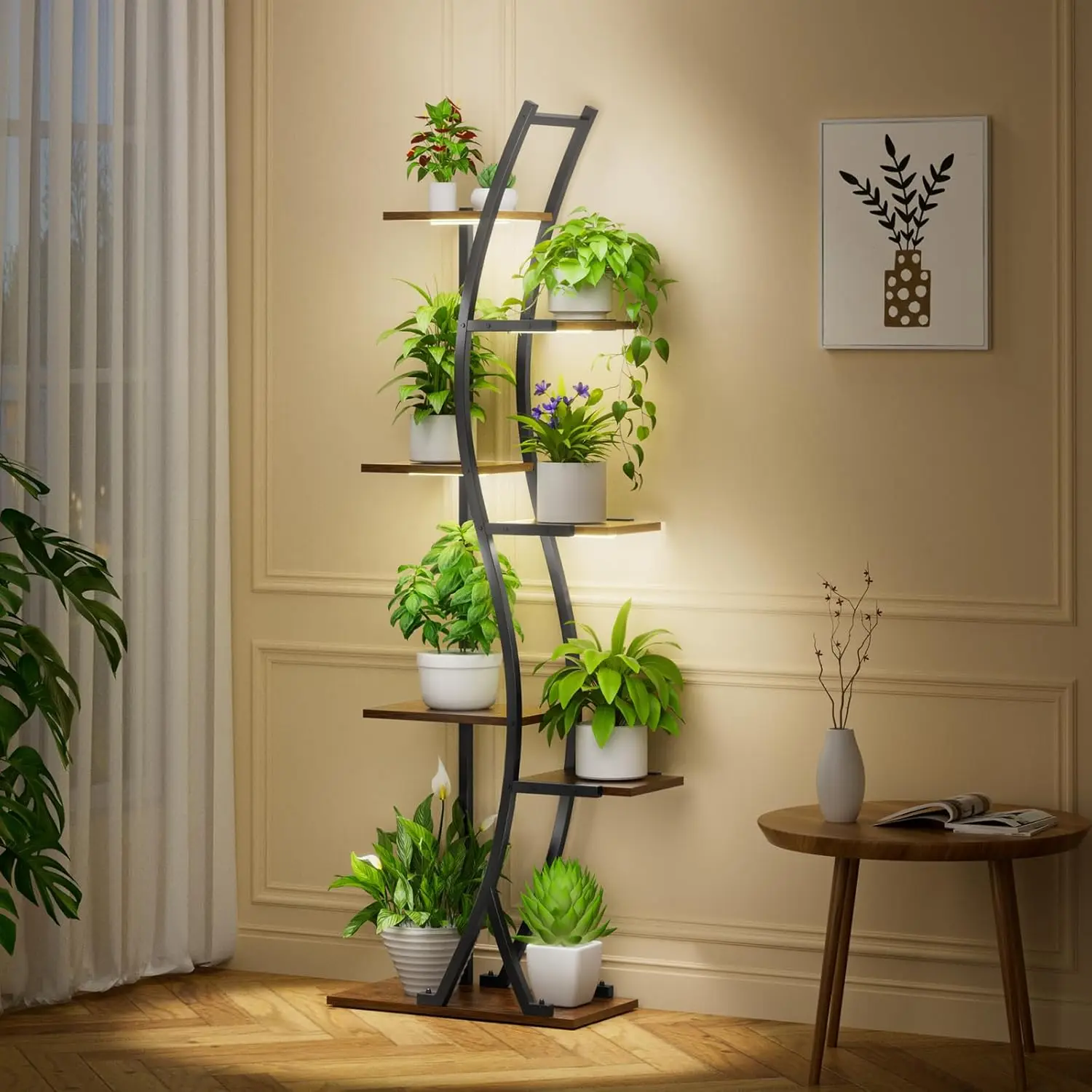 Support pour plantes d'intérieur avec lumière de croissance, étagère à plantes en métal à 7 niveaux, support pour plantes d'intérieur, coin incurvé, présentoir à fleurs, 62 po de haut