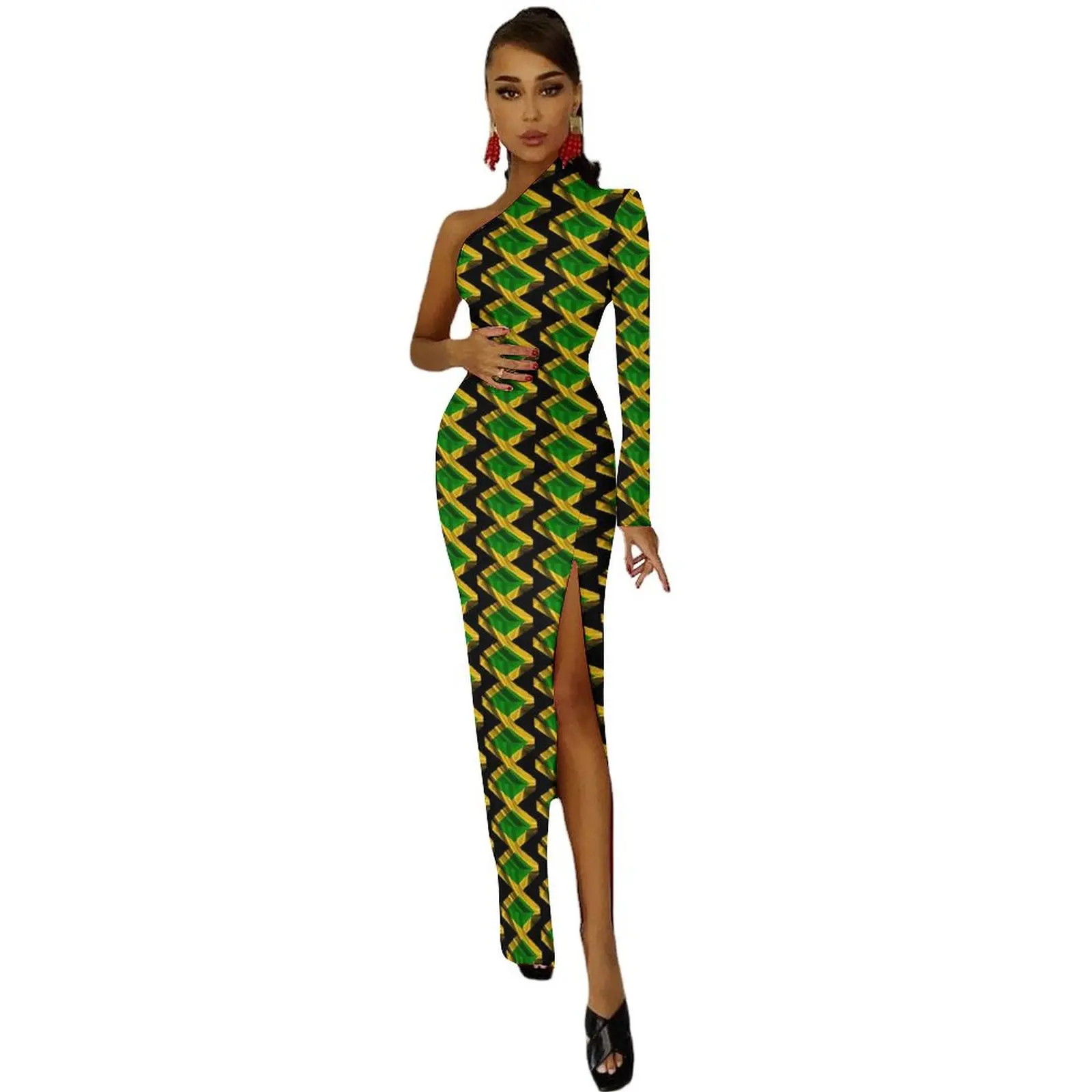 Jamaica Flag Bodycon Dress Summer Love Jamaica Modern Side Split Long Dresses Long Sleeve Design Street Wear Dress