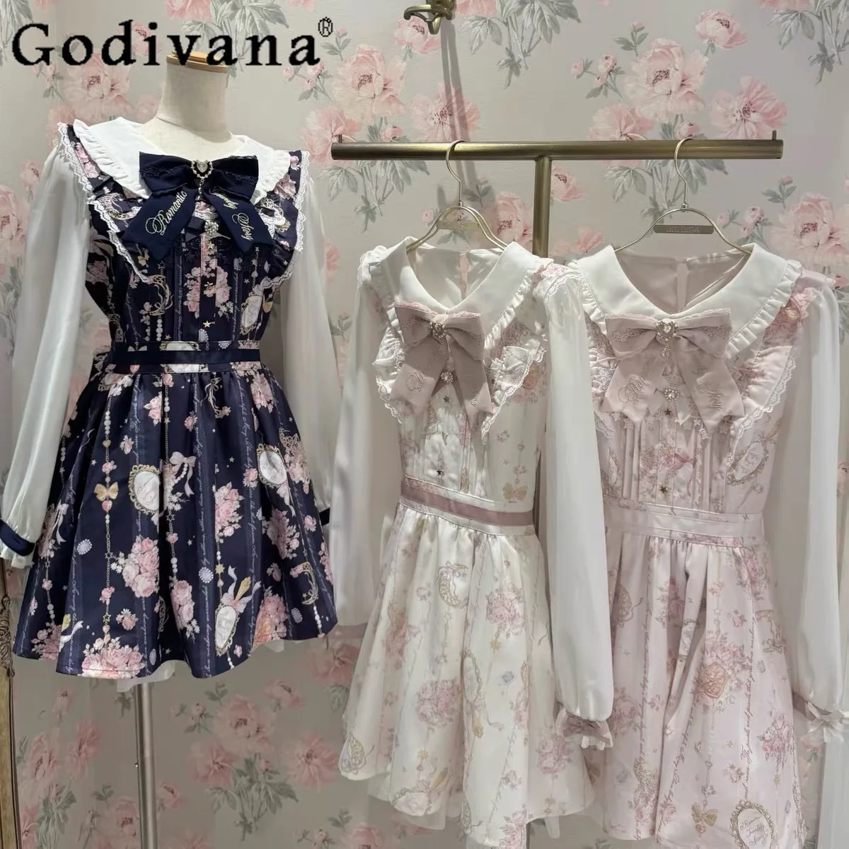 

Liz Dress Japanese Mine Mass-Produced Sweet Bow Print Long Sleeve Short Dress Autumn Princess Tea Party Large Size Lolita Dress