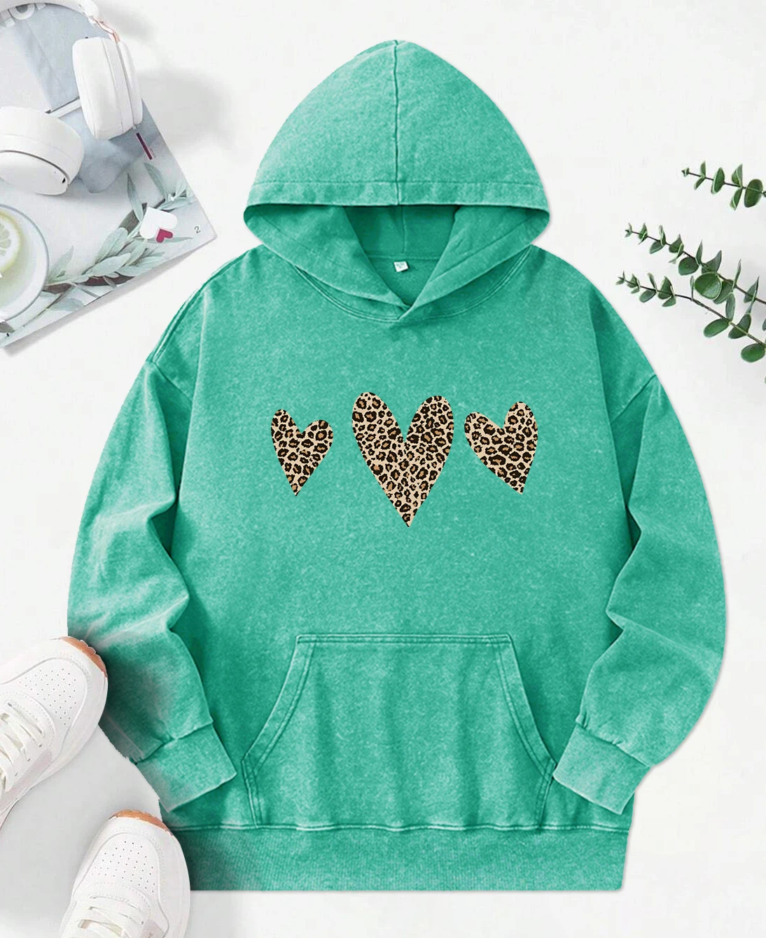 Leopard Print Love Printing Washed Hoodies Women Cotton Hip Hop Streetwear Fashion Comfortable Hoody Vintage Oversized Pullover