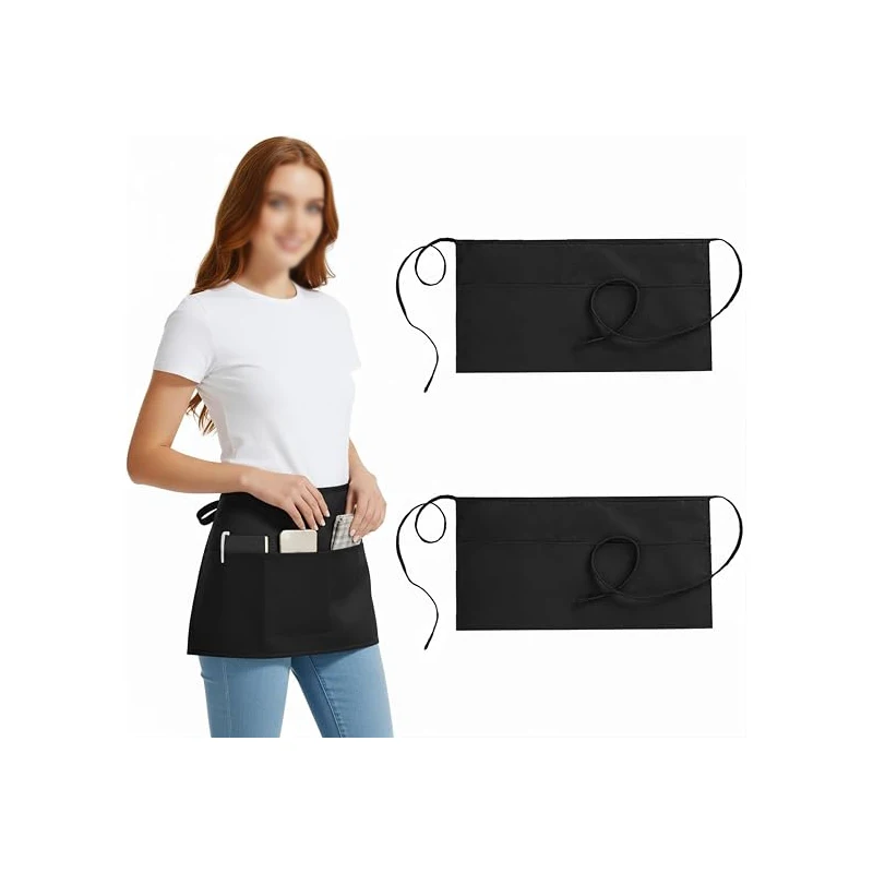 2 Pcs Waist Apron with 3 Pockets for Men Women Black Work Waist Apron Short Half Aprons for Waitress Barista Chefs Gardener BBQ