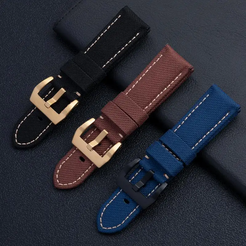 

TINTAG Black Brown Blue Canvas Leather Watchband 24mm Men's Military Watch Band For Panerai Strap For PAM441 111 Bracelet Pin