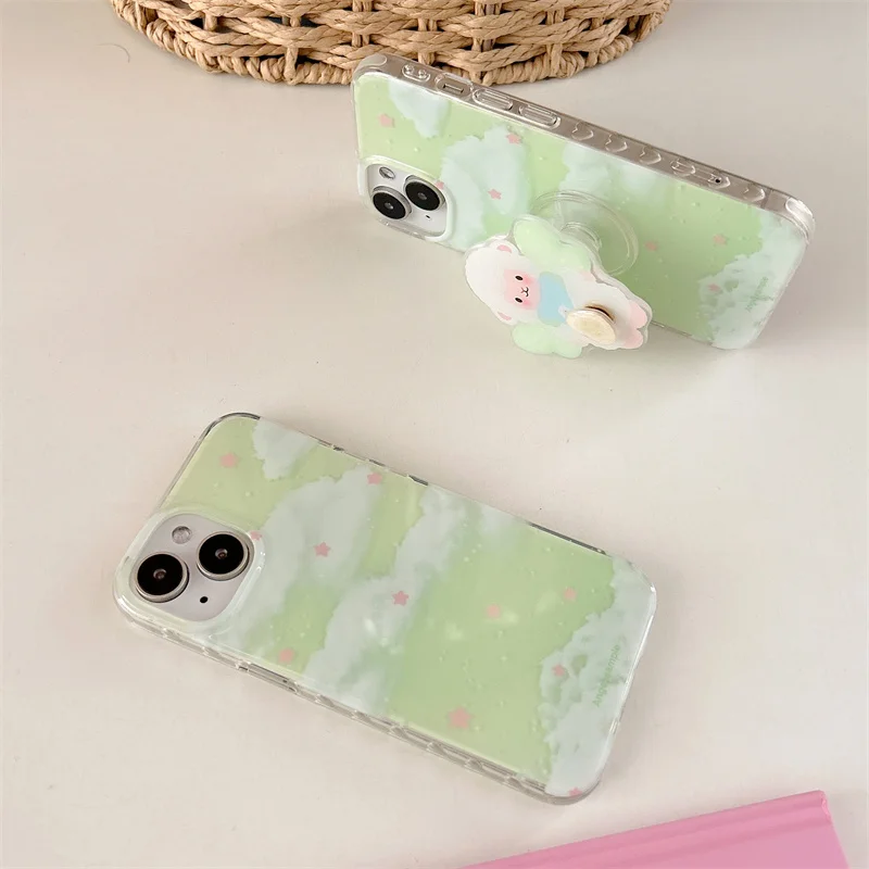 لطيف الأغنام حامل جراب هاتف آيفون 16 برو 15 14 13 برو ماكس غطاء الصيف الأبيض سحابة المراعي الحب الحدود للصدمات