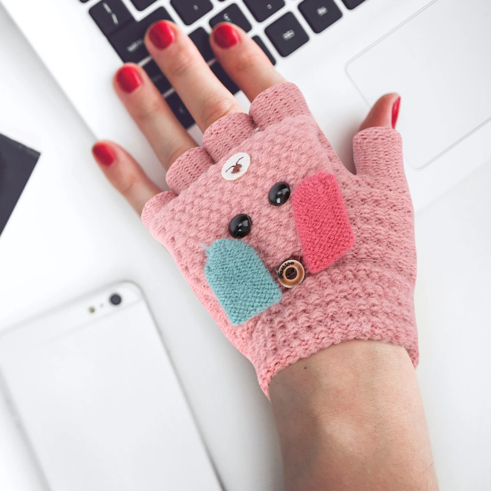 

Cartoon Puppy Gloves Fingerless Knit Half-finger Adjustable Warm Mittens Kids Winter Gloves Cold Protection Students