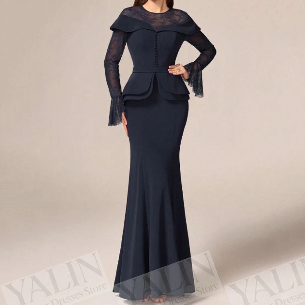 

Women's A-line Evening Dresses Floor-length O-neck Full Sleeve Prom Gown Fashion Lace Button Simple Draped Customized Gowns
