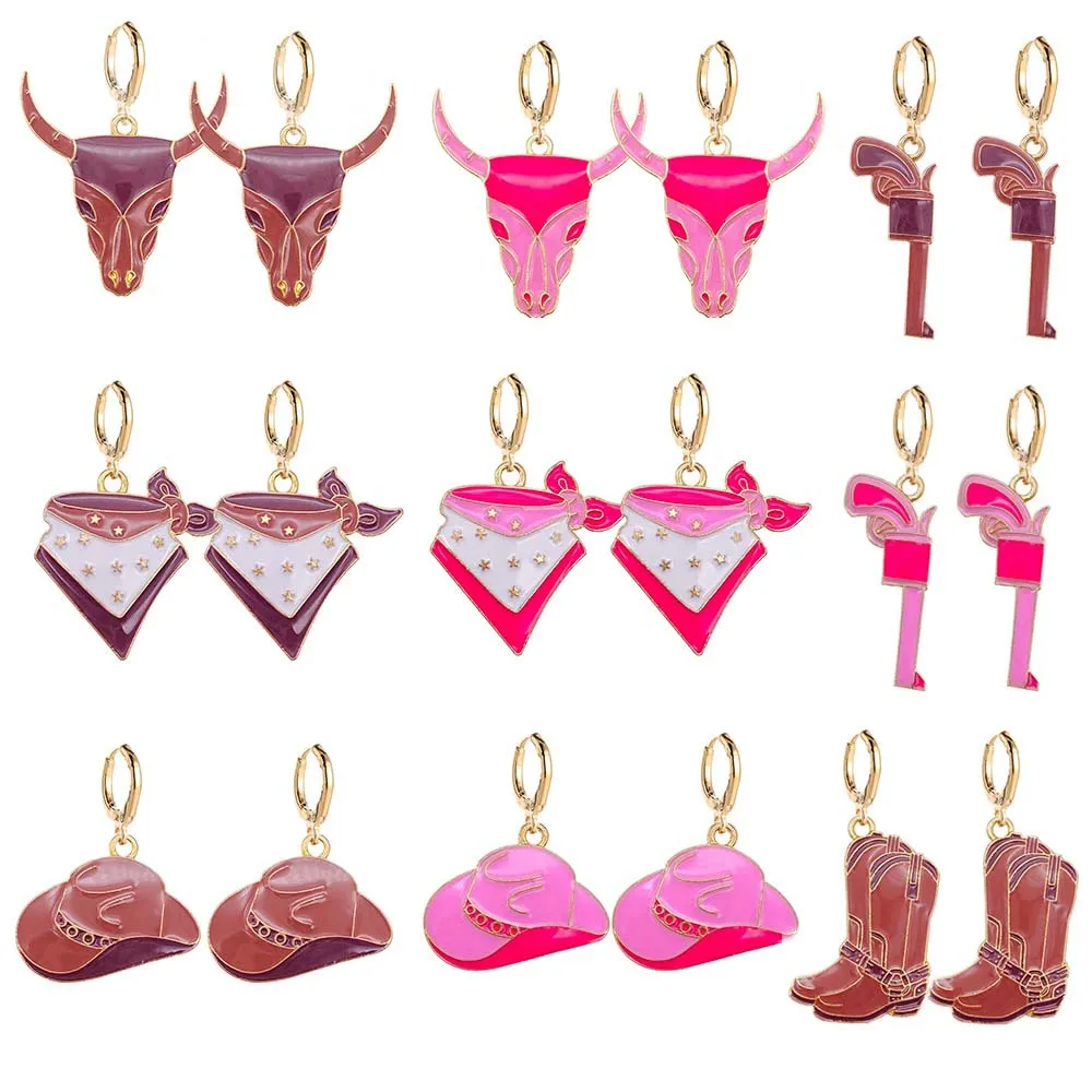 Western Cowboy Boots Hat Earrings Pink Cowboy Hats Boots Cow Head Alloy Women's Earrings Fashionable Jewelry