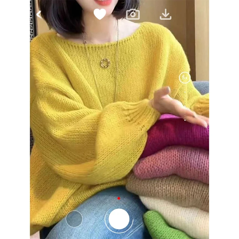 

Thiened Color Knitted Sweater Soft Silhouette round Ne Design Sense of Faion Big Sves Splicing Knitwear