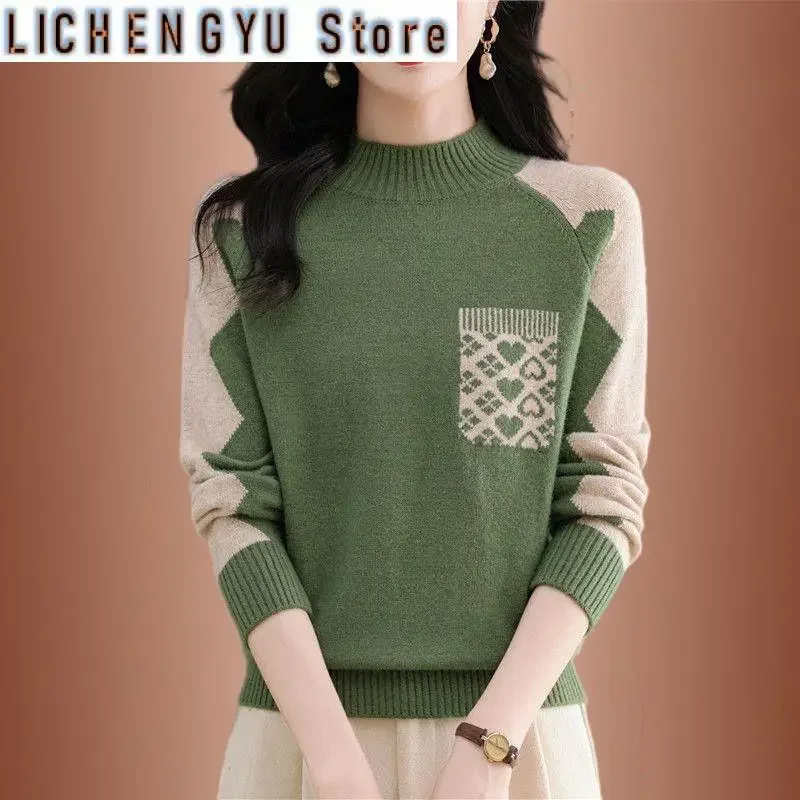 الملابس النسائية بلوفر ملون متباين كم طويل سترة محبوكة جيوب عادية موضة الخريف الشتاء نصف الياقة العالية القمم