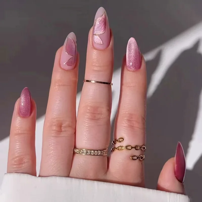 

24-Piece Medium Almond Shape Press-On Nails with Cat‘s Eye Design Wearable Elegant Simple Purple Floral Tips for Women&Girl Wear