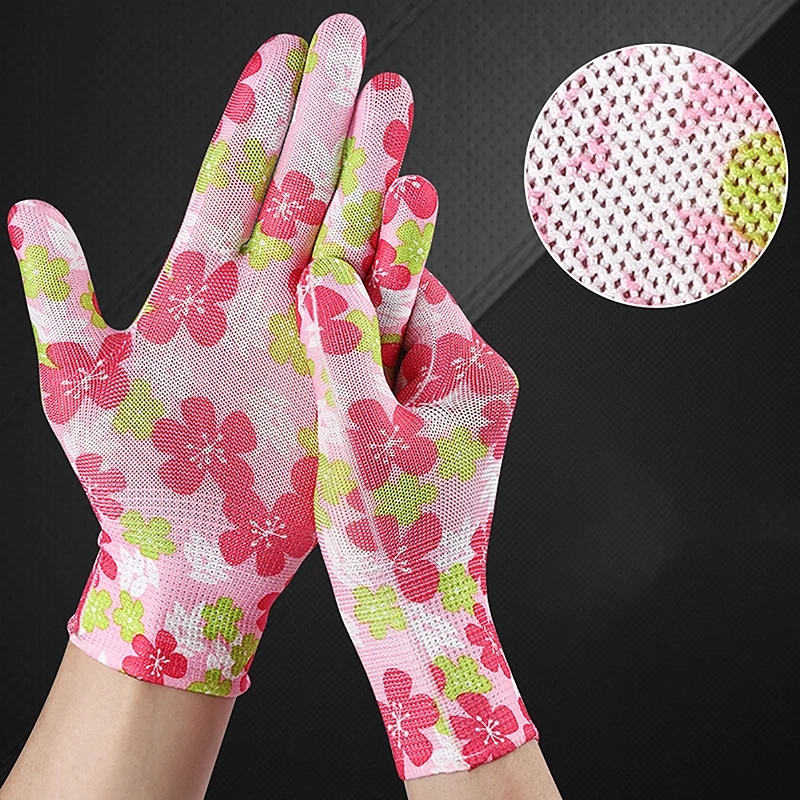 1Pair Women Garden Gloves Work Printed Pink Polyester Pink Latex Work Non-slip Safety Gloves For Mechanic Construction Tool
