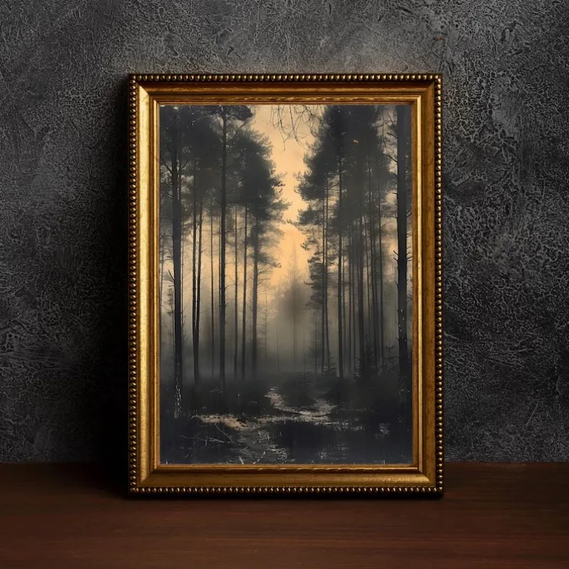 Antique Dark Academia Misty Forest Charcoal Tree Wildflower Landscape Artwork Poster Canvas Painting Wall Pictures Home Decor