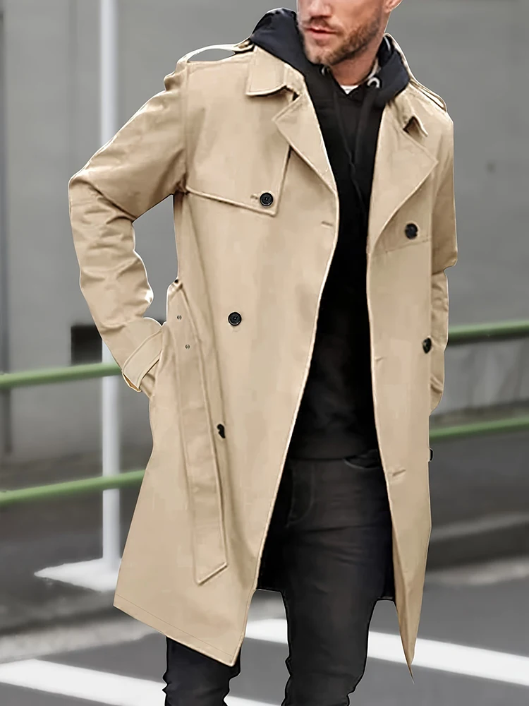 2024 High Street Oversize French Style Trench Coat Men's Fashion Turn Down Collar Lace-up Jacket Winter Fall Long Sleeve Outwear