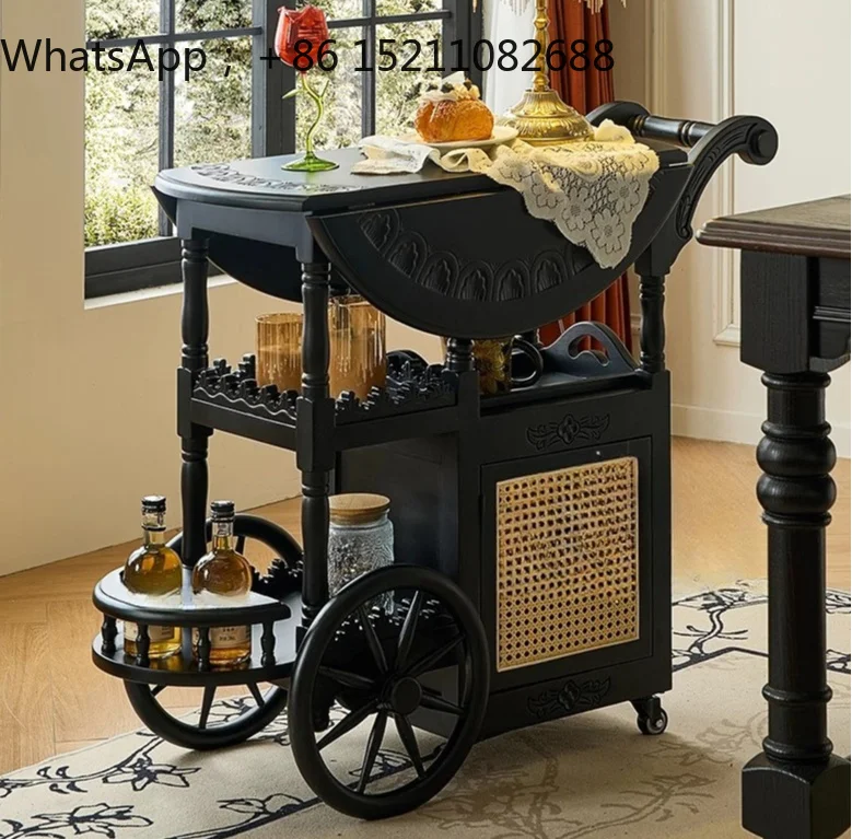 SCY teak hand-carved cart retro solid wood folding coffee table black mobile small dining car