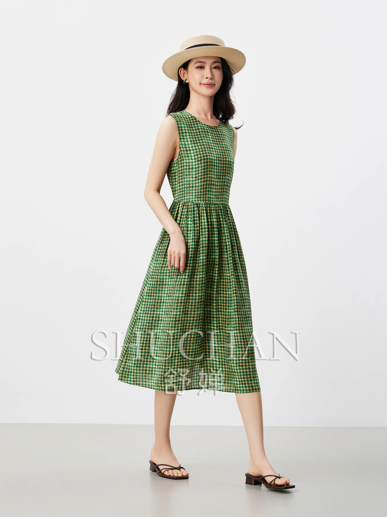 

16 Mmi Double Crepe Mulberry Silk Chinese Elegant Rhyme Contrasting Color Plaid Sleeveless Dress