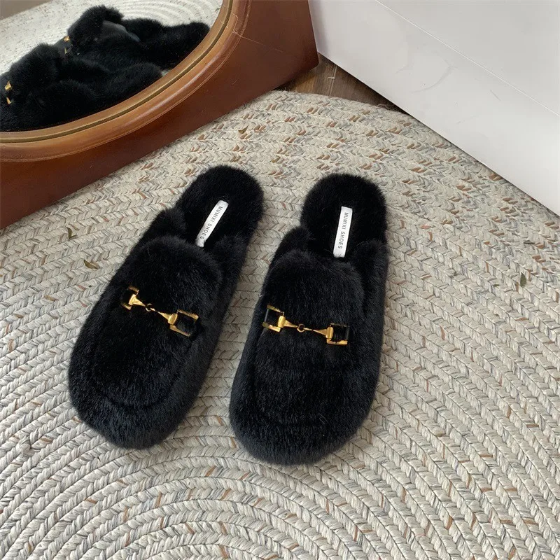 New Style Fashionable Women\'s Shoes Mules for Women Loafers Low Luxury Slippers Cover Toe Fur Flip Flops Winter Footwear Flats