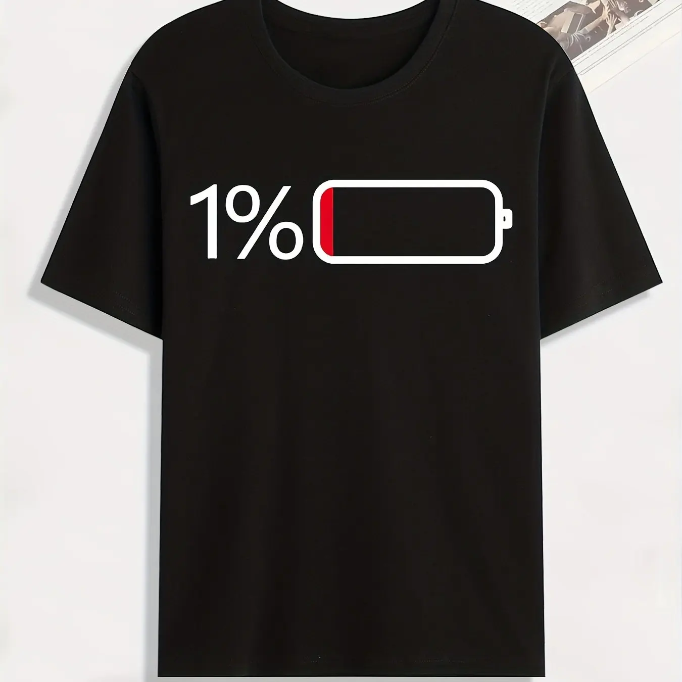 Black T-Shirt with 1% Low Battery Graphic Comfortable Casual Short Sleeve Tee Fun and Humorous Design Perfect for Everyday Wear