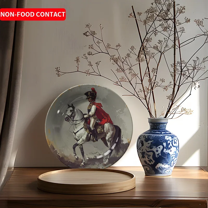 1pc Vintage Knight Ceramic Decorative Plate with Red Cape and White Horse Hand-Painted Artistic Design, Non-Food Contact Home