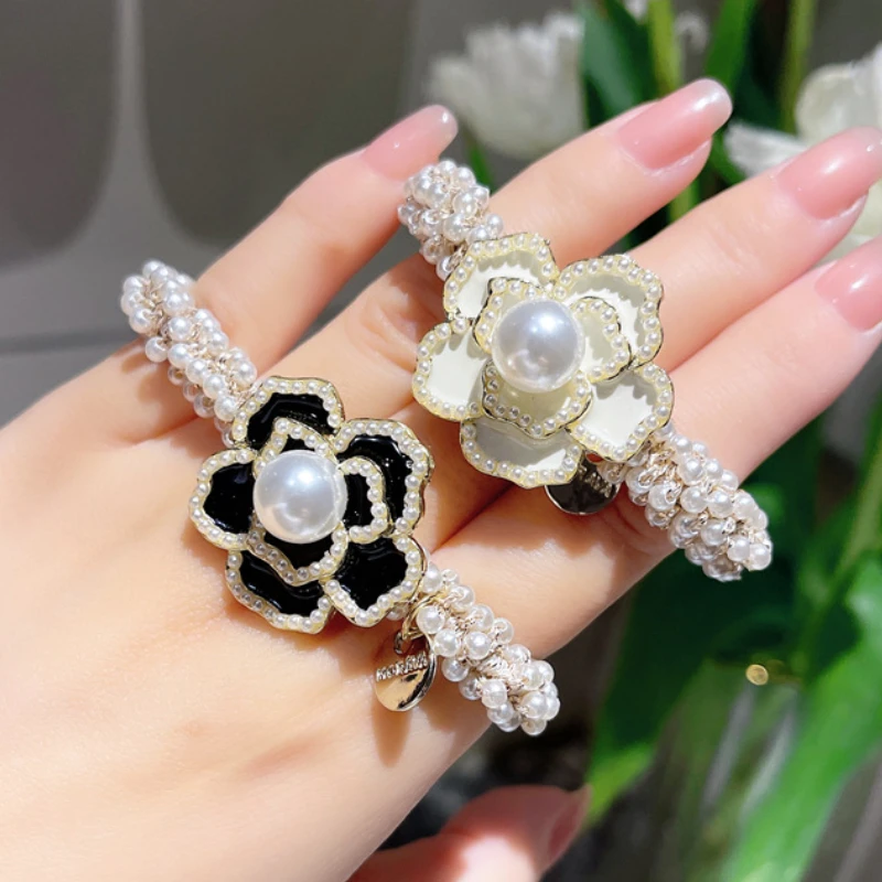 Fashion Rhinestone Hair Tie Simple Ins Camellia Flower Rope Pearl Ring Girl Head Ties  Rubber Band Accessories for Women