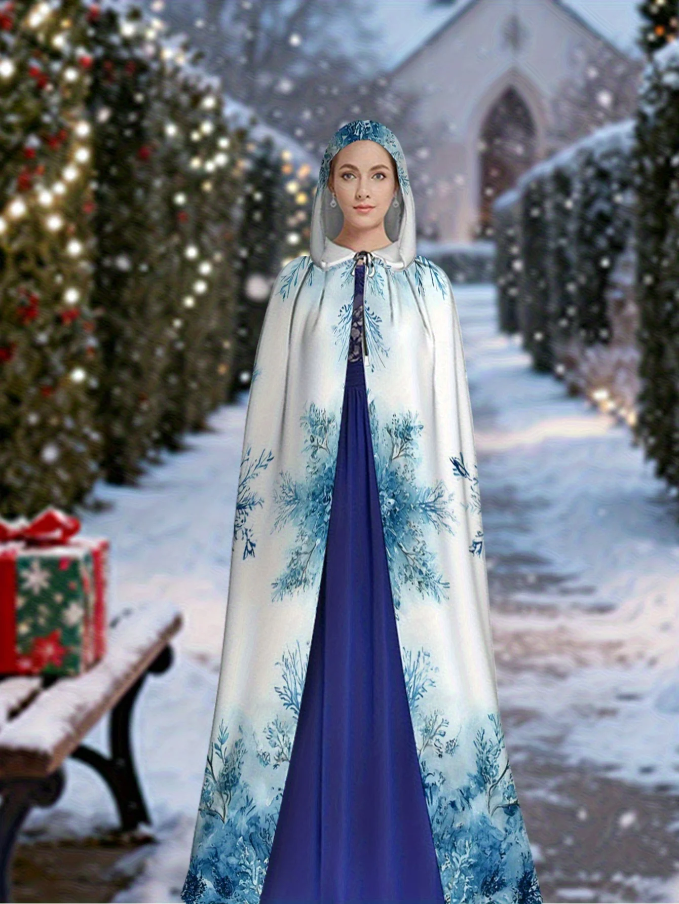 Customization 1pc Deep Blue & White Snowflake Cape Hooded - Long Full-Length Winter Costume For Christmas, New Year's Eve Partie