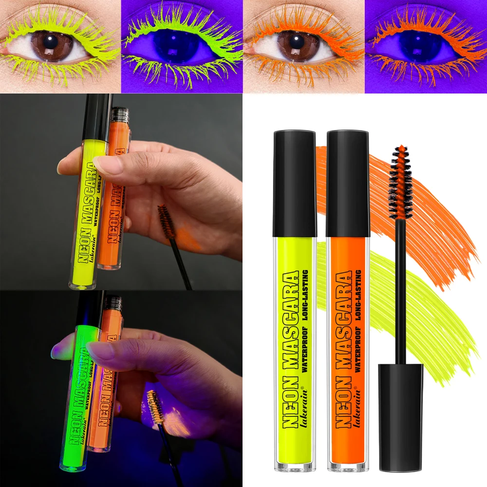 6 Farben Neon-Augen-Mascara, leuchtende Farben, fluoreszierend, 24 Stunden langlebig, wasserfest, wischfest, für Camival-Party-Make-up