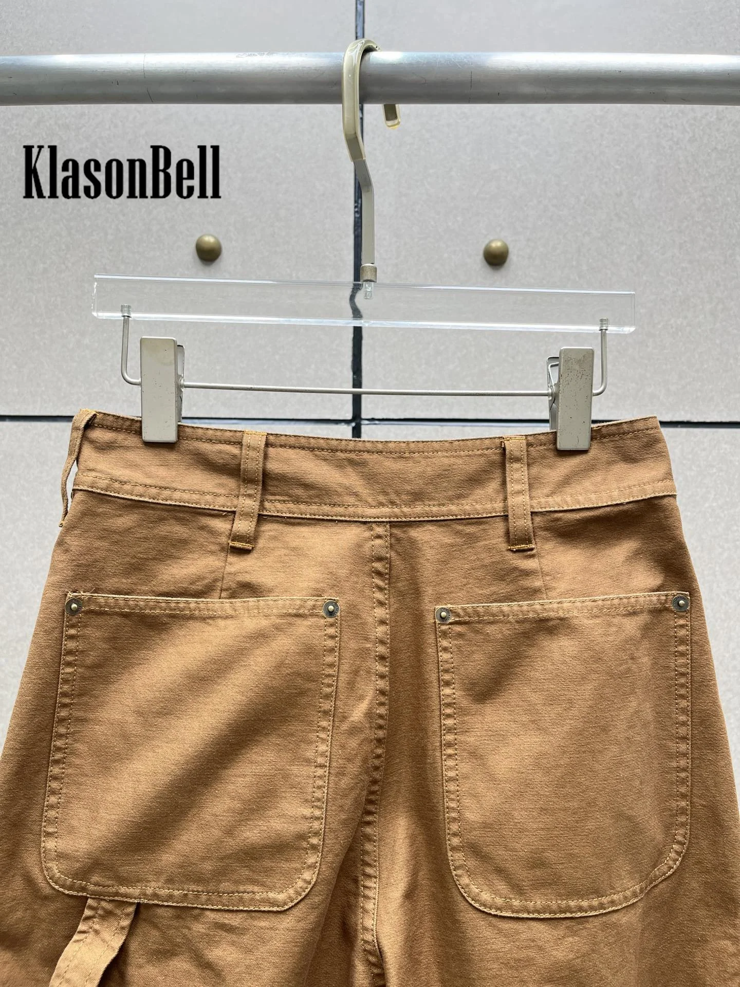 9.29 KlasonBell Women Clothes Washed Cotton Cargo Pants Plaid High Waist Spliced Button Decoration Casual Trousers