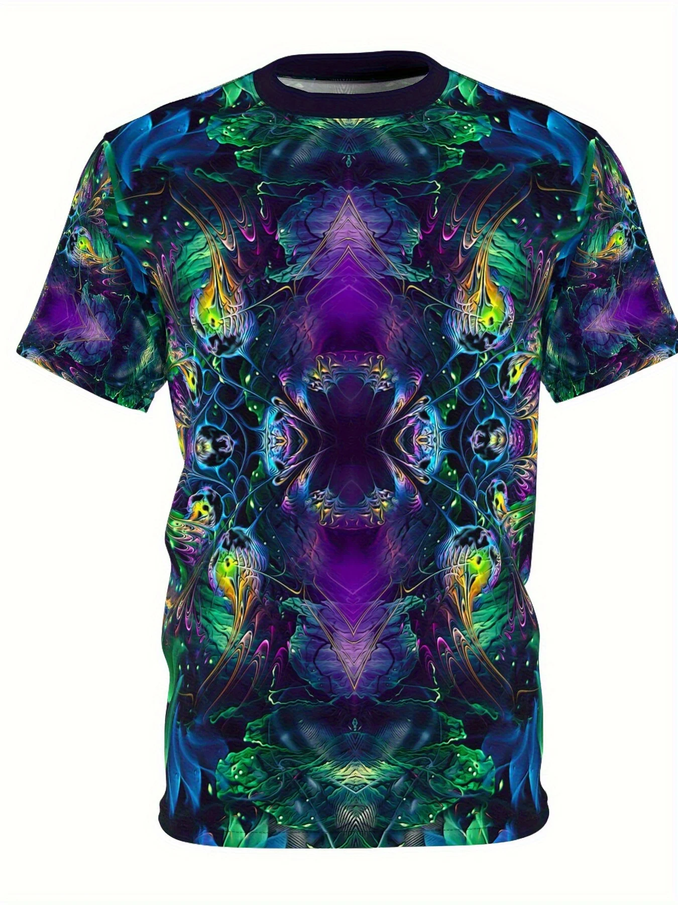 Men's Crew Neck Short Sleeve T Shirt 3D Purple Green Peacock Feather Symmetric Psychedelic Geometric Print Novelty Casual Tops