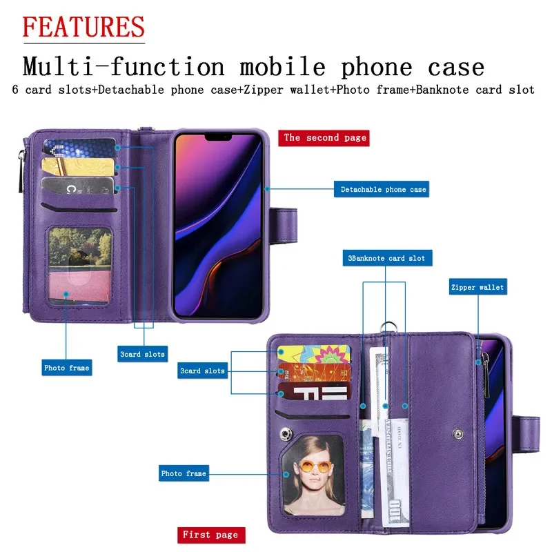Etui z odłączanym magnesem do iPhone'a 16e 15 Pro Max 14 13 Mini 12 11 SE3 SE2 XR 8 7 Plus Skórzane etui na karty Pokrowiec na torebkę — zdjęcie produktu 2
