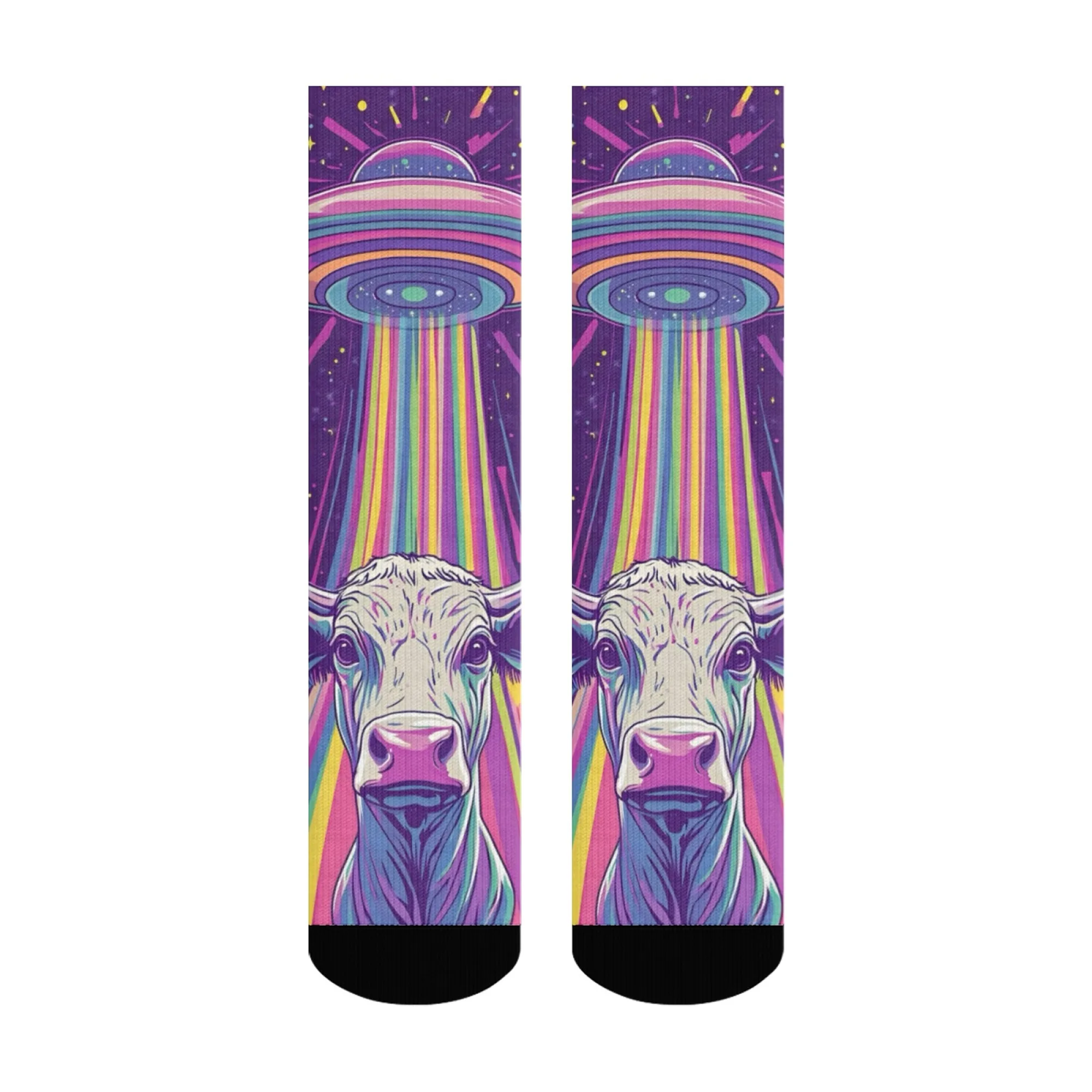 Fashion Funny Novelty Men's Crew Socks UFO Cow Print Pattern  Perfect Gift for Boyfriend or Husband Unique Trippy Style Socks