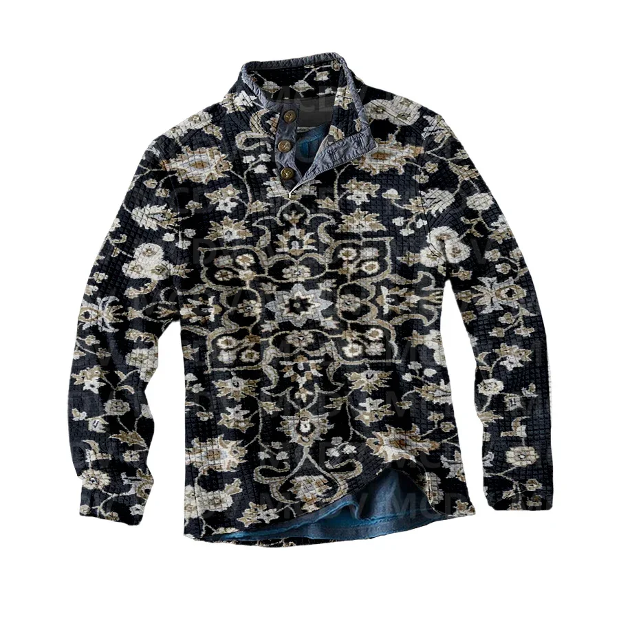 Men's Long Sleeve Casual Top Retro Flower Print Men's Polo Pullover Men Autumn Winter Sweater