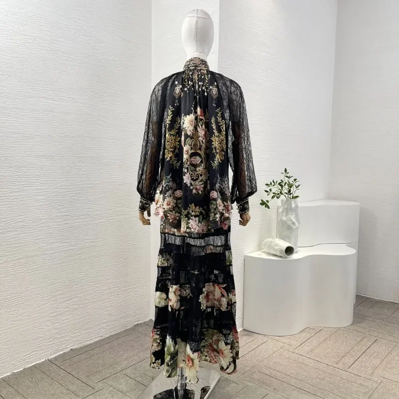 Women's Silk Black Flowers Print Long Sleeve High Quality New Fashion 2024 Diamonds Blouse Tops and Cascading Skirt Set