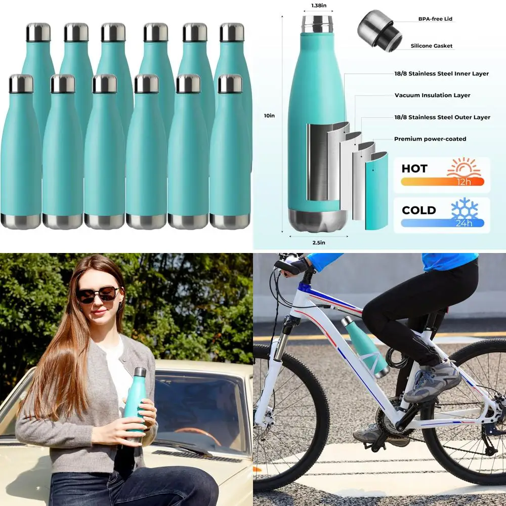 

Упаковка из 12 спортивных бутылок для воды из нержавеющей стали с вакуумной изоляцией — герметичные, с двойными стенками, голубые, сохраняют напитки горячим или холодным напитком