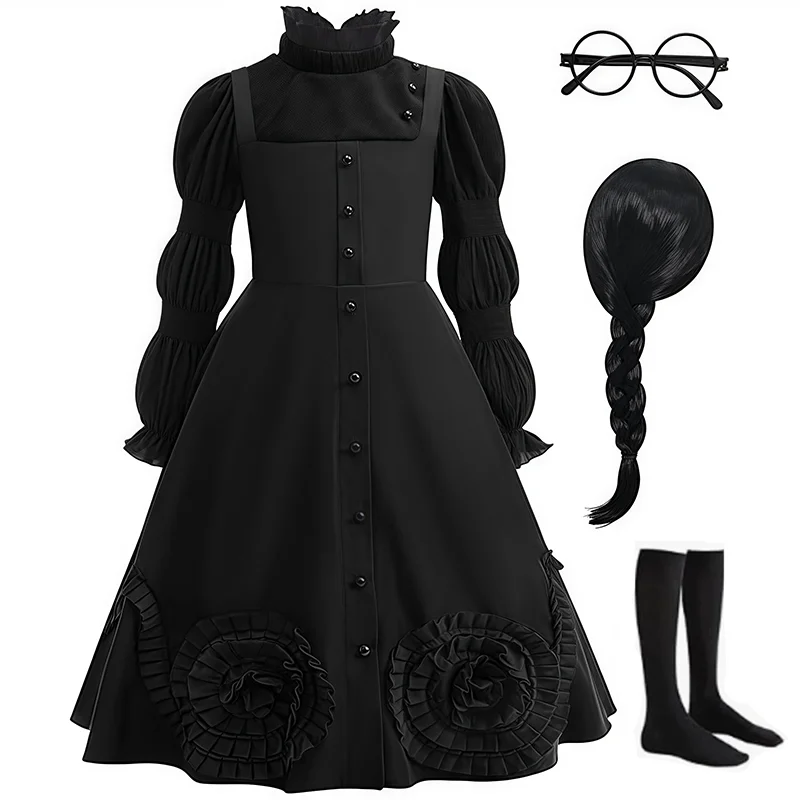 

Movie Cosplay Costume Set Kids Black Puffed Sleeves Dress With Glasses Wig Socks For Young Girls Halloween Theme Parties Outfits