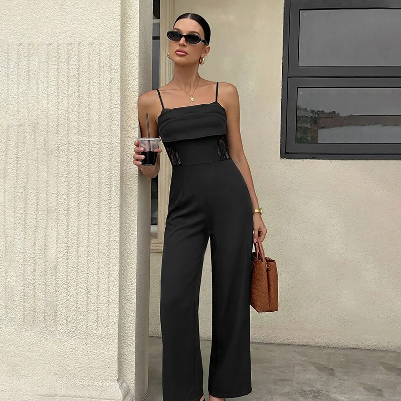 

Elegant Chic Streetwear Y2k Women's Summer Fashion Solid Color Lace Patchwork Design Camisole Rompers Ladies Office Jumpsuits