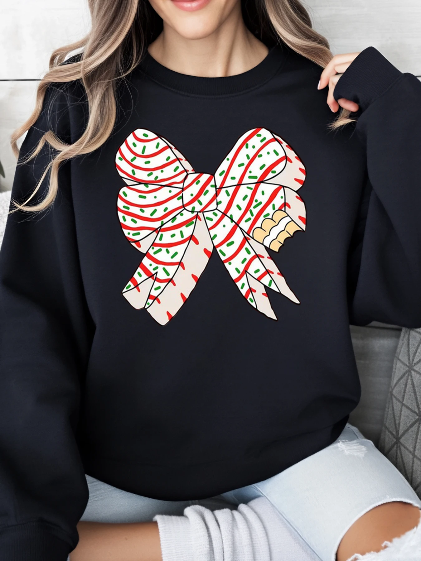 

Рождественский свитшот с принтом конфетной трости и бантом, женская повседневная праздничная одежда, черный, больших размеров