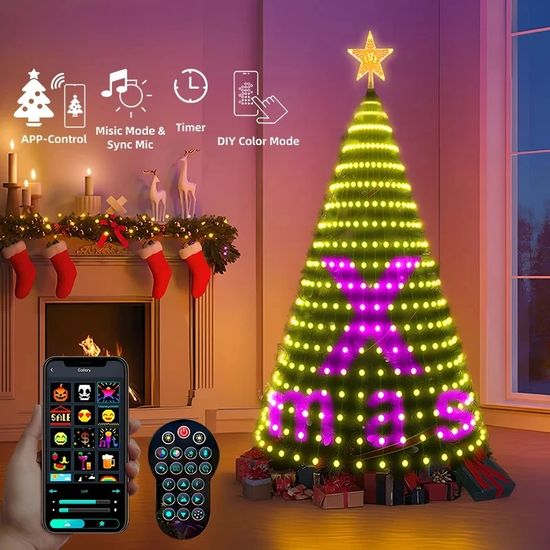 Smart Christmas Tree Lights 400LEDs DIY Animated Color Change Waterfall Xmas Tree Lights with App Remote Control Christmas Decor