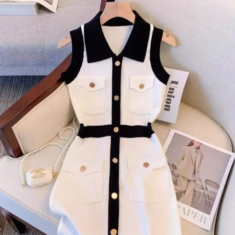Polo Collar Sleeveless Knitted Dress Women's Slim Fit A Line Bodycon Skirt Female