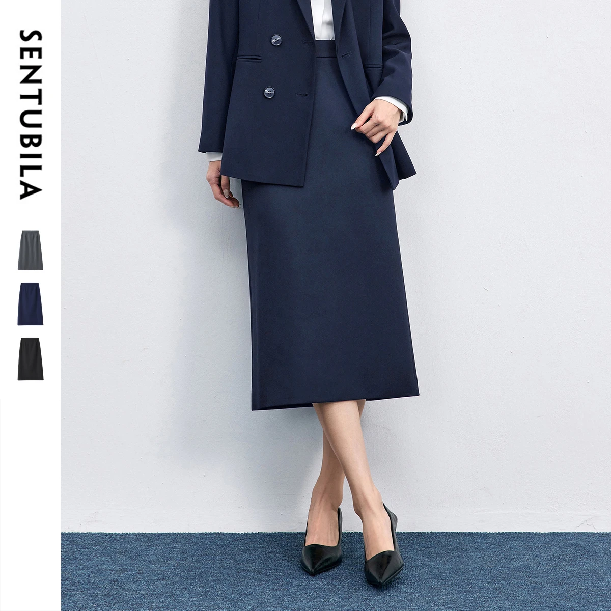 

SENTUBILA Straight Skirt For Woman 2025 Autumn Solid Pleated Midi Skirt Back Slit Design Simple Women's Bottoms 153QF2787